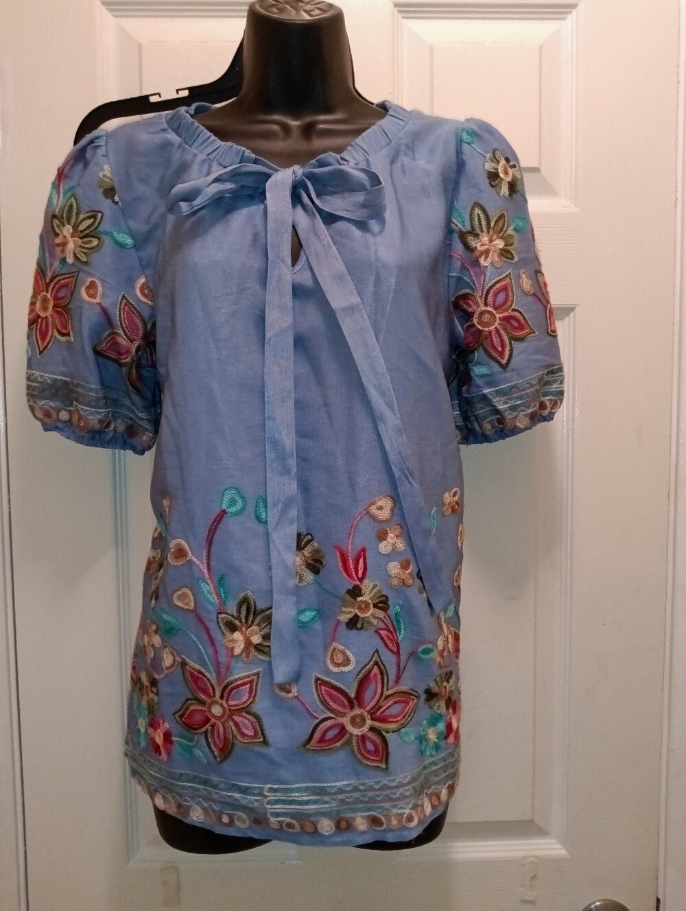 Ana & Rose Boho Embroidered Tie-Neck Blue Women's Top